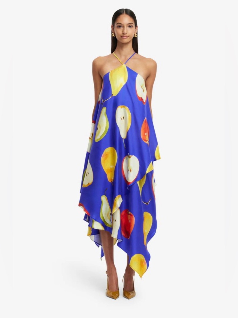 LEO LIN Sally Blue Pear Print Halter 100% Silk Handkerchief Dress AU8/US4 NWOT